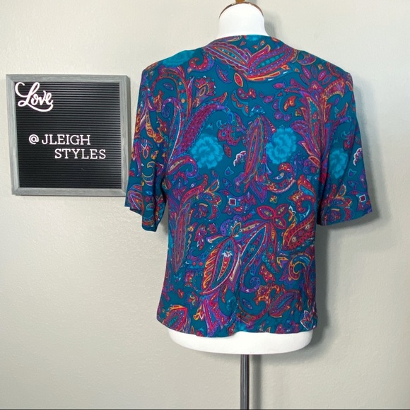 Vintage 80’s Teal Paisley Print Button Front Top L - Picture 5 of 7